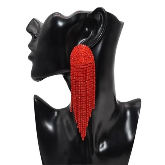 Red Rhinestone Tassel Dangle Earrings Wide Long Red Bridal Jewelry Prom Jewelry - Picture 4 of 4
